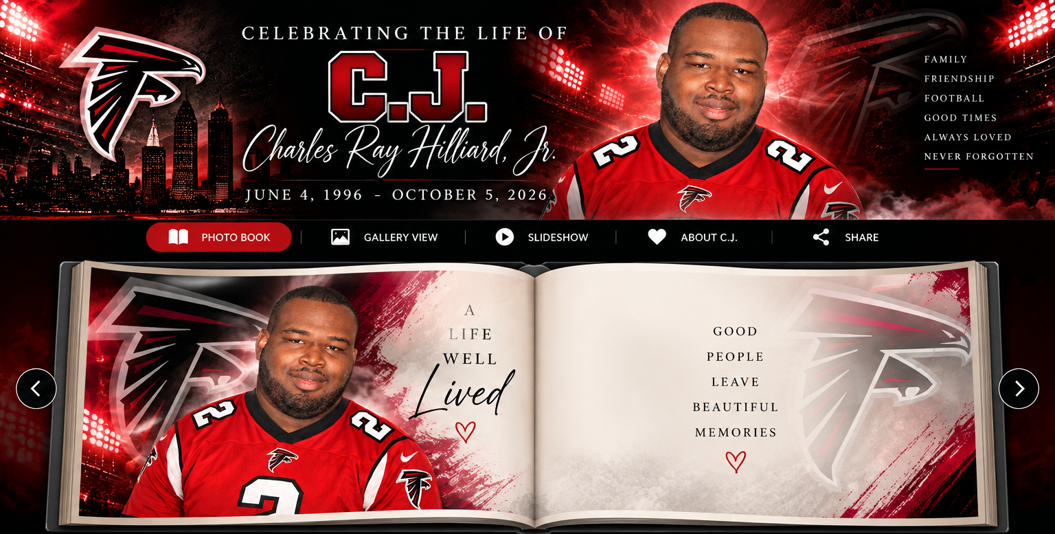 Approved Falcons memorial design for C.J., including his tribute, opening memory book pages and photo thumbnails